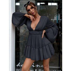 Plunging v Neck Frill Ruffle Hem long sleeve Chiffon mini Dress black 💙